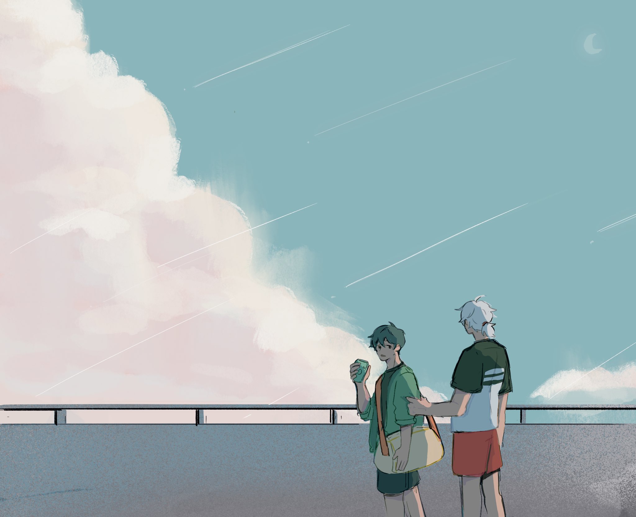 two boys, one with green hair and one with white hair, are standing on a rooftop talking. the sky behind them is a beautiful sunset, with clouds. they are both casual, and it looks like they are enjoying their time together. the artwork has a soft, watercolorlike style, and it is digital.