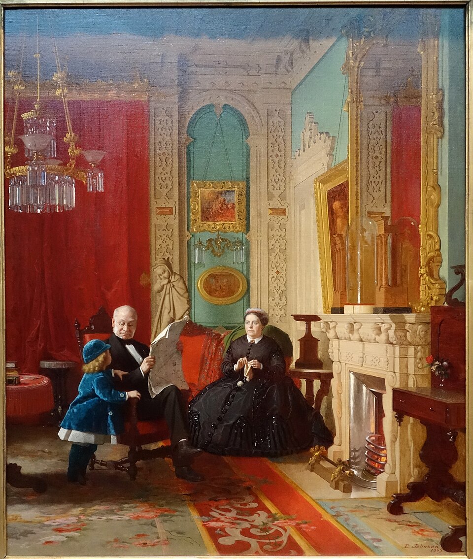a painting depicts a family scene within an ornate interior. a man sits in an armchair, reading a newspaper, with a child in a blue coat leaning against him. to his right, a woman in a black dress is knitting. the room features a fireplace, a chandelier, and several pieces of artwork. the style suggests a victorian era setting.