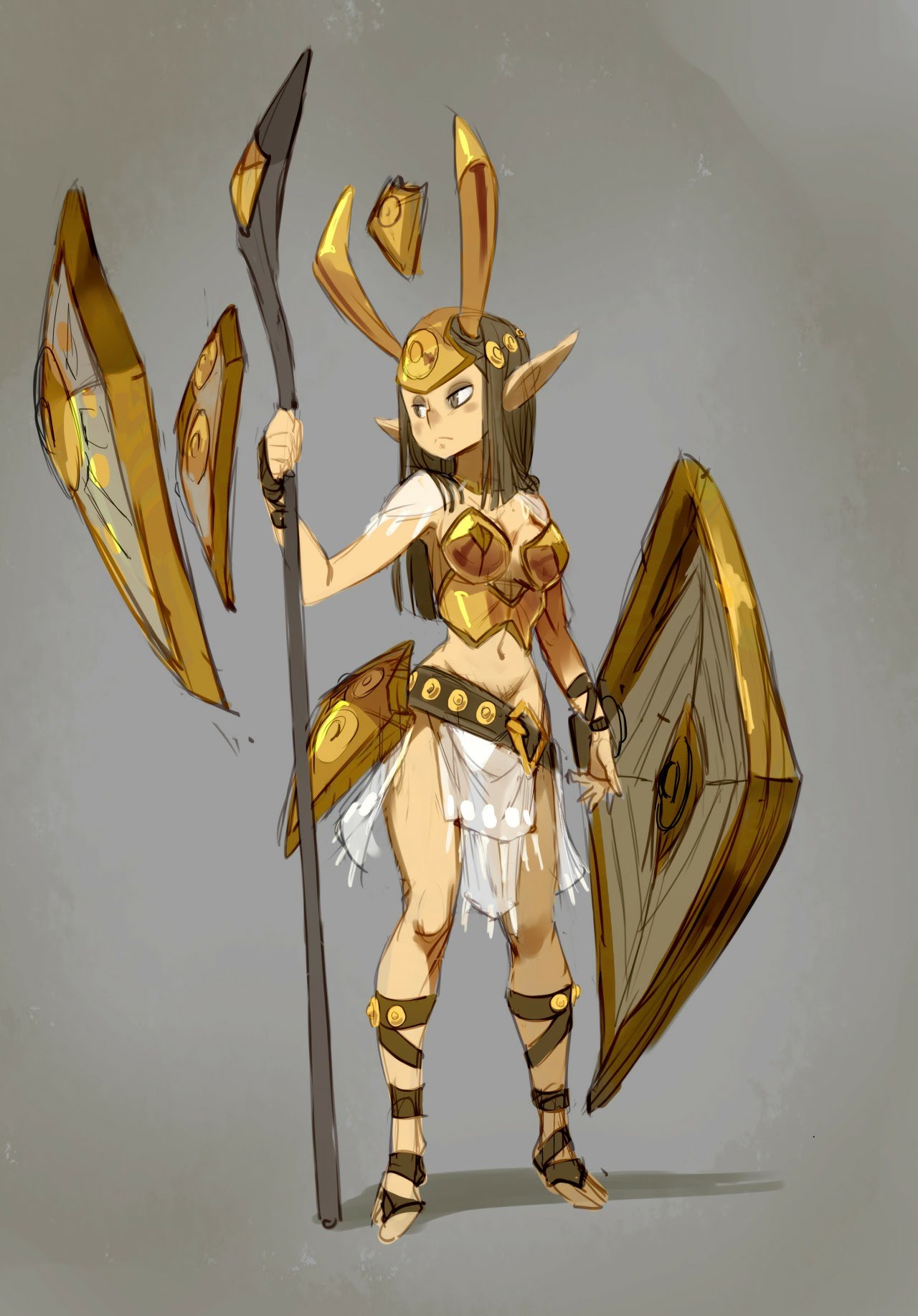 a digital painting depicting a female elf warrior in gold armor, holding a spear and a shield.  she has long brown hair and a serious expression.  she is standing on a gray background, and the overall style of the art is stylized and cartoonish.
