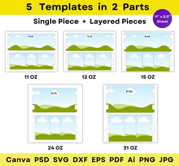 the image displays a collection of 5 templates designed in 2 parts: single piece and layered pieces, showcasing different sizes including 11 oz, 12 oz, 15 oz, 24 oz, and 31 oz, available in multiple file formats like canva, psd, svg, dxf, eps, pdf, ai, png, and jpg, and designed to fit an 11" x 8.5" sheet.