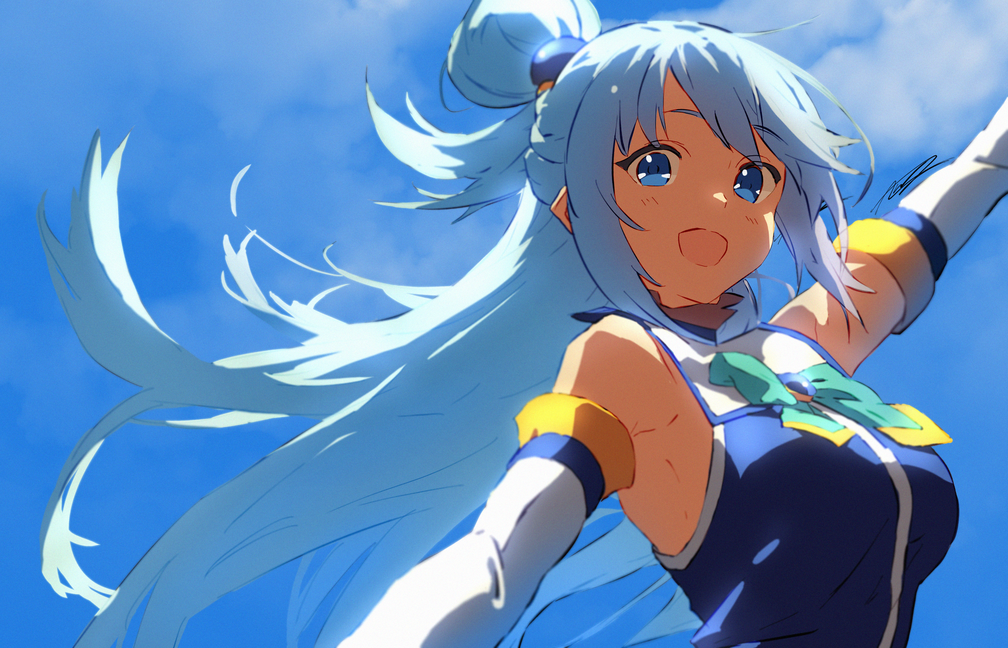 this is a vibrant digital fanart depicting aqua, the goddess of water from the anime series konosuba.  she's depicted with her signature long, flowing blue hair, a happy expression on her face, and her arms raised as if she's flying or soaring through the air. the background is a clear blue sky, enhancing the feeling of freedom and joy.  the art style is bright and colorful, typical of anime and manga fanart. the image captures a dynamic and lively moment, showcasing aqua's cheerful personality.