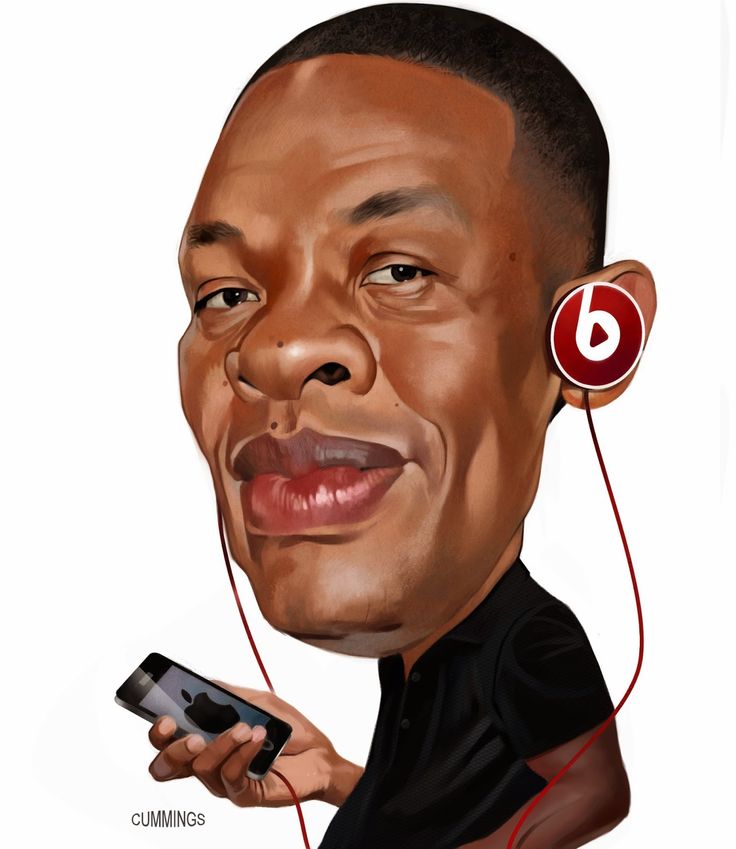 this is a caricature of dr. dre. he's wearing beats headphones and holding an apple iphone. the art style is detailed and colorful. he's wearing a black shirt.
