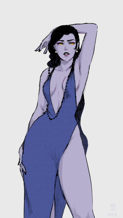 a confidentlooking woman with dark hair and a formfitting purple dress is the focus of this image.  she has one arm raised to her head. the art style is slightly cartoonish, with defined lines. there is no background.