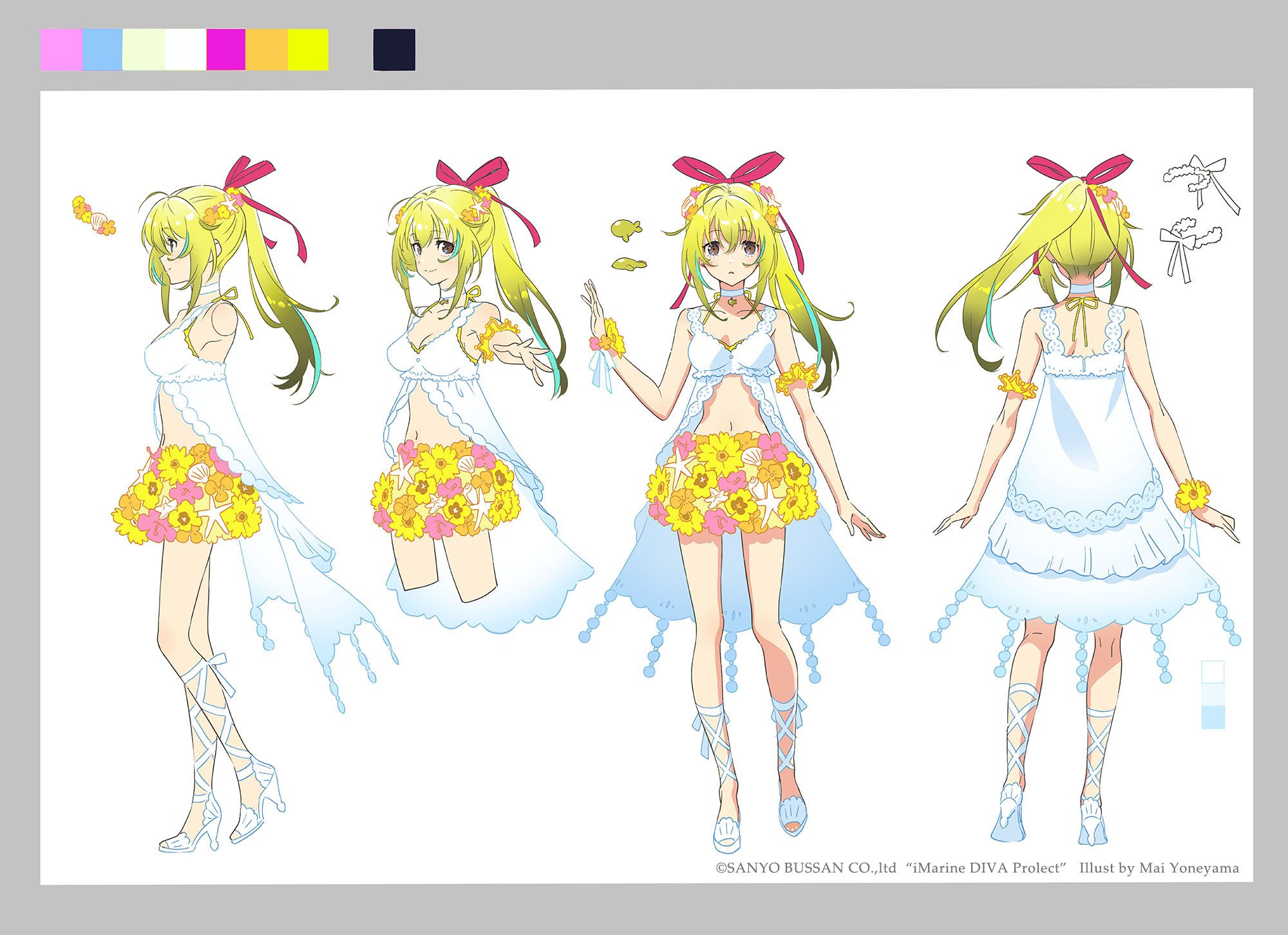 this image presents a character design sheet for an anime or manga girl. the sheet depicts her in a summery outfit from various angles: front, side, back, and threequarter. the girl is dressed in a white dress adorned with yellow flowers. she has long yellow hair styled in twintails with red ribbons, and wears white sandals. the illustration also includes a color palette used in the design. the overall style is typical of anime and manga, suggesting a cheerful and energetic character.