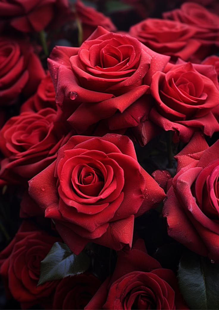 a closeup shot of a bouquet of red roses, some with dew drops, set against a dark background. the image highlights the intricate petal arrangements and romantic feel.