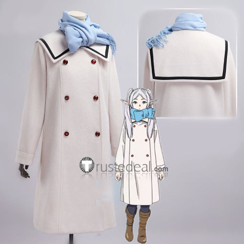 the image showcases a white doublebreasted coat with a sailor collar, paired with a light blue scarf. a closeup of the collar highlights the black trim. an anime girl with silver hair and elf ears, wearing a similar outfit and brown boots, is depicted in the center. the backdrop is a neutral gray.content: coat, scarf, anime characterpeople: anime girl environment: indoorlighting: studio lightingperspective: eyelevel kw: cosplay, costume, anime, fashion, winter wear, sailor collar, doublebreasted coat, white coat, blue scarf, silver hair, elf ears, anime girl.