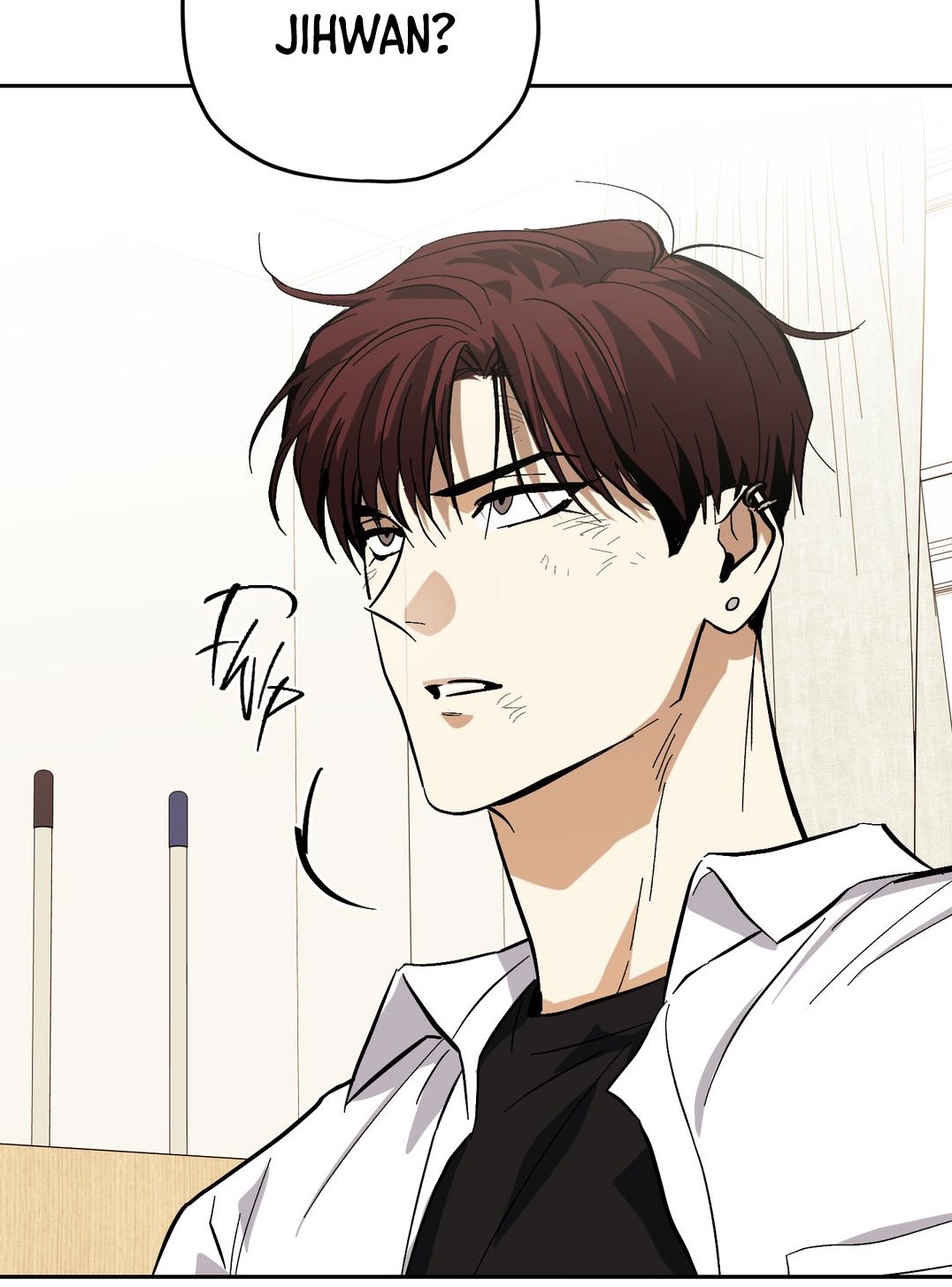 the image is a closeup illustration from a manhwa or webtoon, featuring a young man with short, dark brown hair and a serious expression. he is depicted from the shoulders up, his body slightly turned away from the viewer. he wears a casual white shirt over a darkcolored inner shirt.  a speech bubble above him contains the name "jihwan?". the art style is characteristic of korean webtoons/manhwa, with clean lines and expressive characters. the background is simple, consisting mainly of beige walls and what appear to be pool cues. a subtle 'fwip' sound effect is near his shoulder. the overall mood is somewhat contemplative or tense.