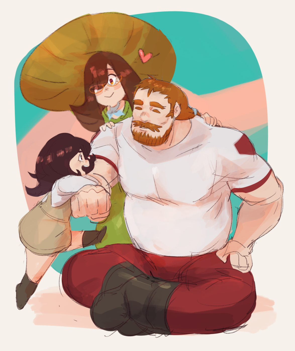 a cartoon illustration of a father and two daughters. the father is a large, muscular man with a beard and mustache. he is wearing a white shirt and red shorts. the daughters are both wearing dresses. the father has his arm around both of his daughters, who are looking up at him with smiles.