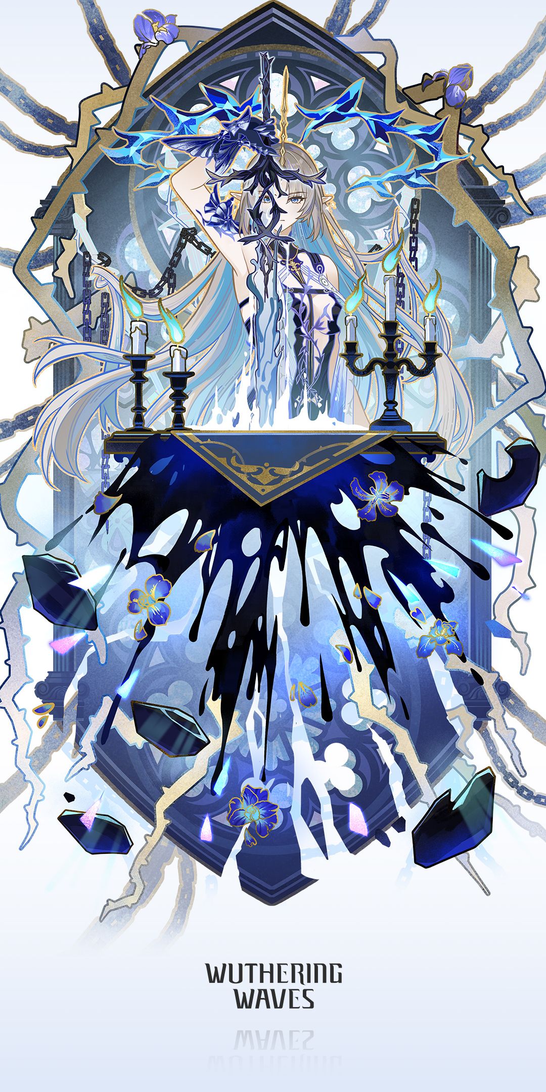 this is artwork for the game wuthering waves, featuring a female character with long blonde hair and intricate gothic and fantasythemed ornamentation. she stands behind a table with candles. the color palette is primarily blue, white, and black. the logo of the game is present at the bottom.