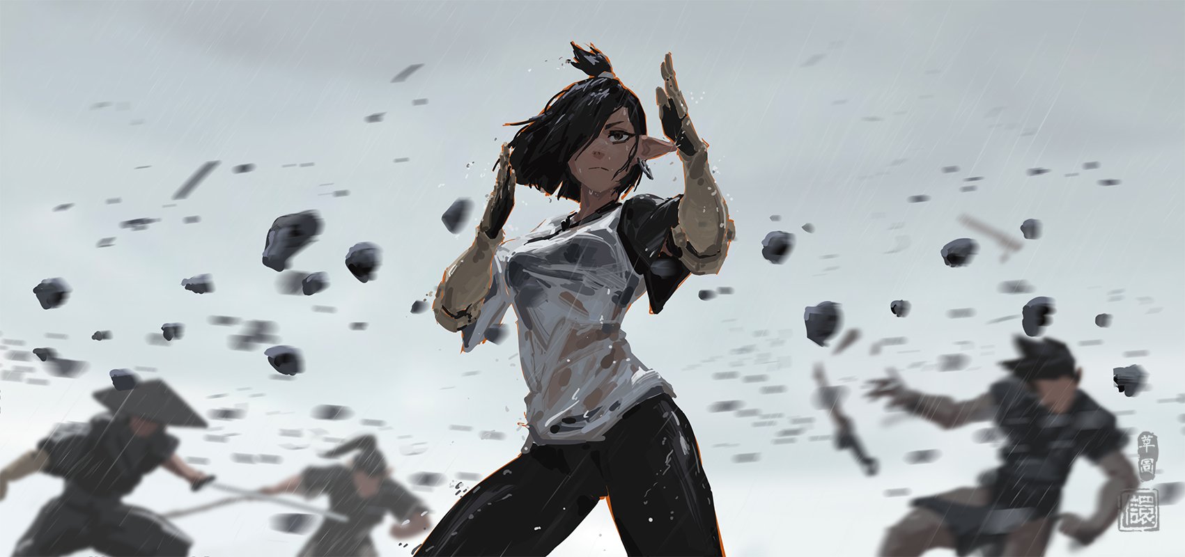 the image depicts a young animestyle female warrior in the midst of a fierce battle. she stands at the center, her dark hair windblown, and she appears to be deflecting or manipulating a flurry of rocks or stones with her hands. her attire suggests a blend of casual and combatready clothing; a wetlooking, gray shirt, and dark athletic pants.  the background features blurred figures engaged in combat, suggesting a chaotic battle scene occurring amidst a stormy, grey sky. the style is dynamic and actionpacked, with a focus on motion blur to convey speed and energy. the overall mood is intense and dramatic. a stylized signature is visible in the lower right corner. the artist's style blends elements of anime and fantasy, creating a unique visual aesthetic.