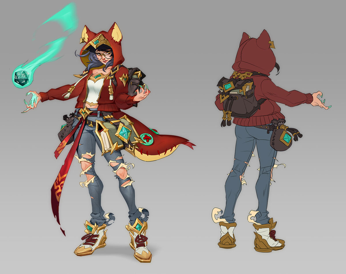 the image shows a female anime character in a red hoodie and jeans. she is holding a glowing green crystal in her hand, as if casting a spell. she also has a backpack on her back and is wearing a staff on her back as well. she is wearing a red hoodie with a foxlike hood on top. she also has a long, flowing red cape with gold detailing. she is standing in a neutral position, looking ready for battle. the character is surrounded by a bright, vibrant green light, giving her a magical aura. the background is grey and the image is rendered in a stylized anime art style.