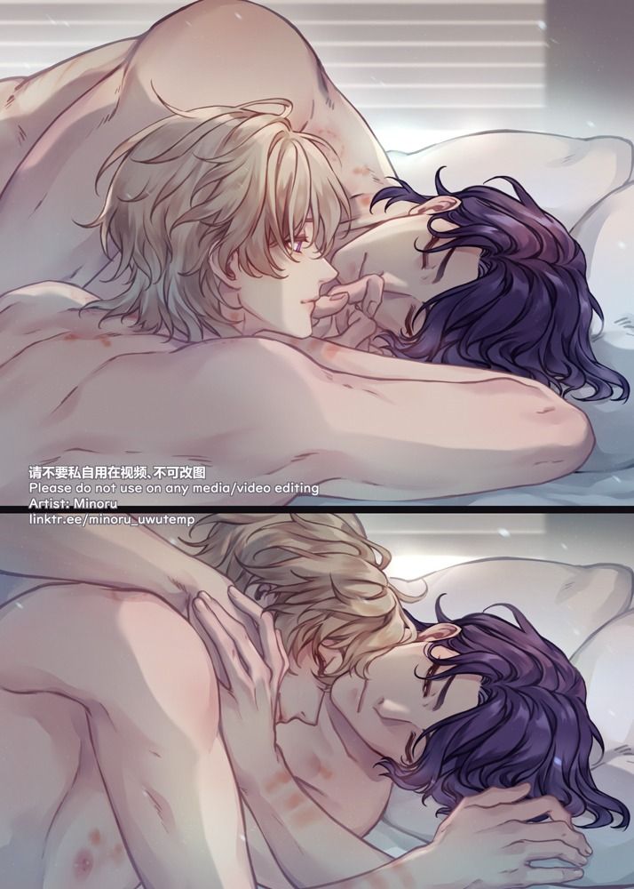 he image is a digital fanart depicting a yaoi couple intimately cuddling in bed.  the top panel shows one person with blonde hair resting their head on the chest of a person with purple hair, and both appear to have several small, pale wounds or scratches on their bodies. the bottom panel shows a similar pose but from a slightly different angle.  the art style is soft and romantic, using pastel colors and smooth lines. the overall mood is peaceful and tender.  a watermark indicates the artist and requests that the image not be used for media or video editing.