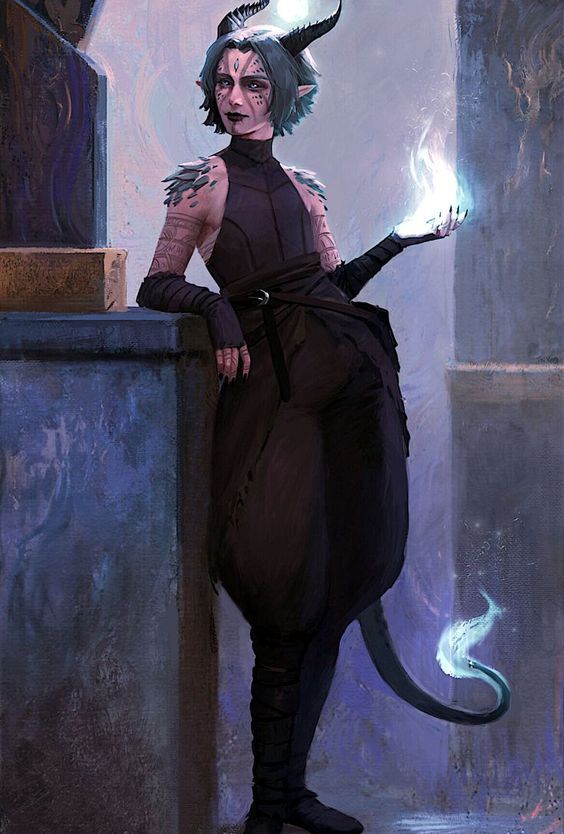 a tiefling with short, blue hair, horns, and a tail, stands in a dimly lit temple or ruin. they are dressed in dark clothing and have glowing markings on their face and arm. they hold one hand outstretched, conjuring a spectral flame. their other hand rests casually on a nearby stone block. the scene has an air of quiet power and mystery.