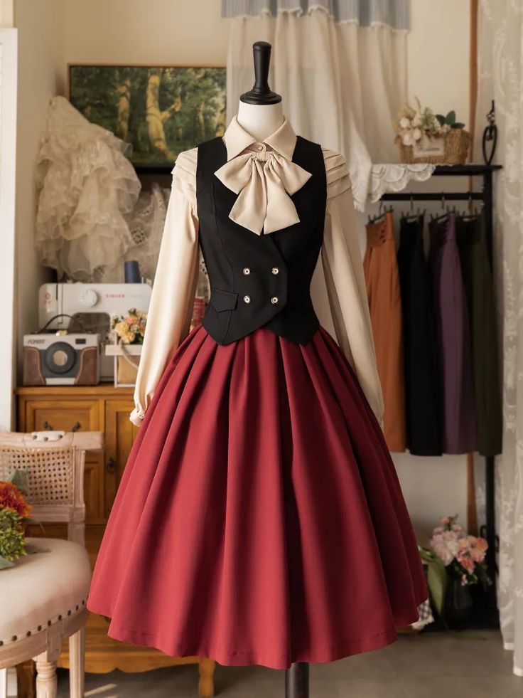 a fulllength image of a classic lolita dress on a mannequin, showcasing a rich burgundy skirt, a crisp white blouse with puff sleeves, and a tailored black vest. the setting suggests a sewing room or a vintageinspired boutique. the warm, natural lighting accentuates the details of the outfit and the cozy ambiance of the room.