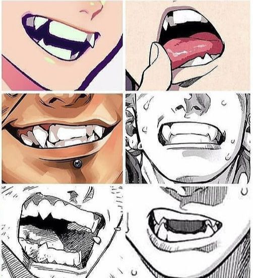 this image shows six different styles of drawing vampire fangs in anime and manga. the first image shows a more cartoony style, with exaggerated fangs and a pink tongue. the second image shows a more realistic style, with a sharp, pointed tooth protruding from the gum line. the third image shows a more stylized style, with elongated fangs and a curved smile. the fourth image shows a more detailed style, with a closeup view of the mouth and visible veins. the fifth image shows a more dynamic style, with the vampire snarling and showing their fangs. the sixth image shows a more comedic style, with a large, exaggerated fang protruding from the gum line.