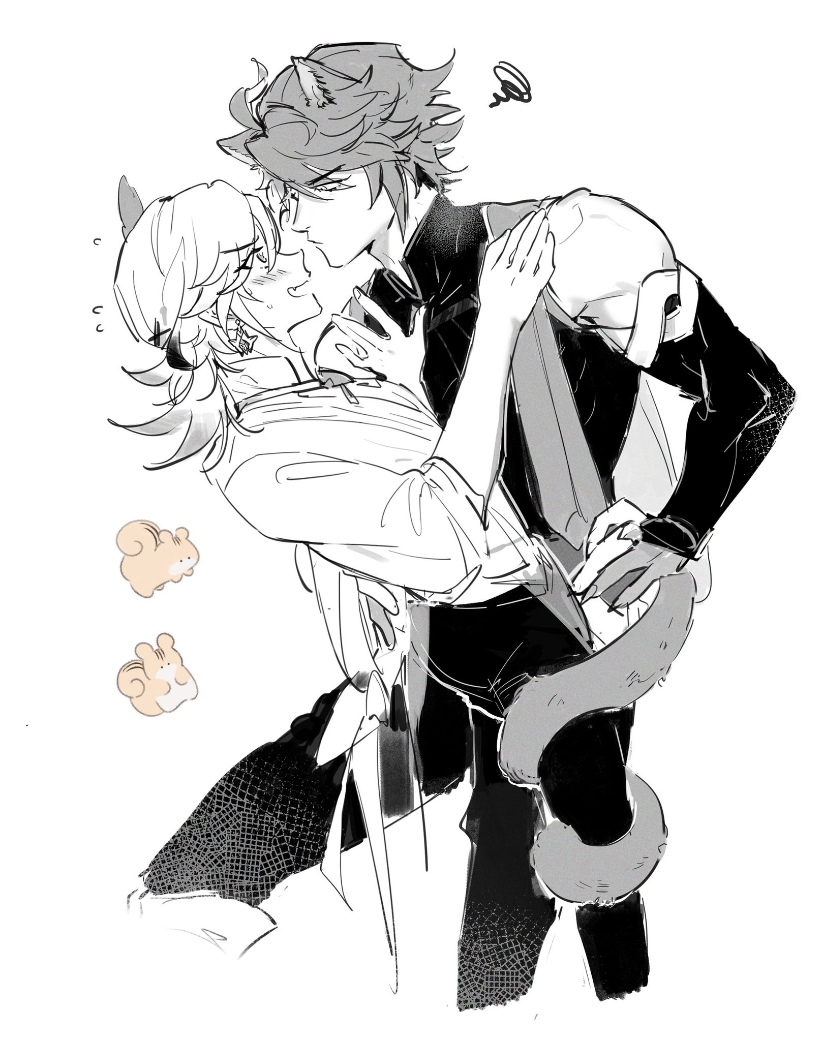 a black and white illustration of two anime characters, a man and a woman, embracing and kissing. the man has short, spiky hair and is wearing a black shirt with a white collar. he is holding