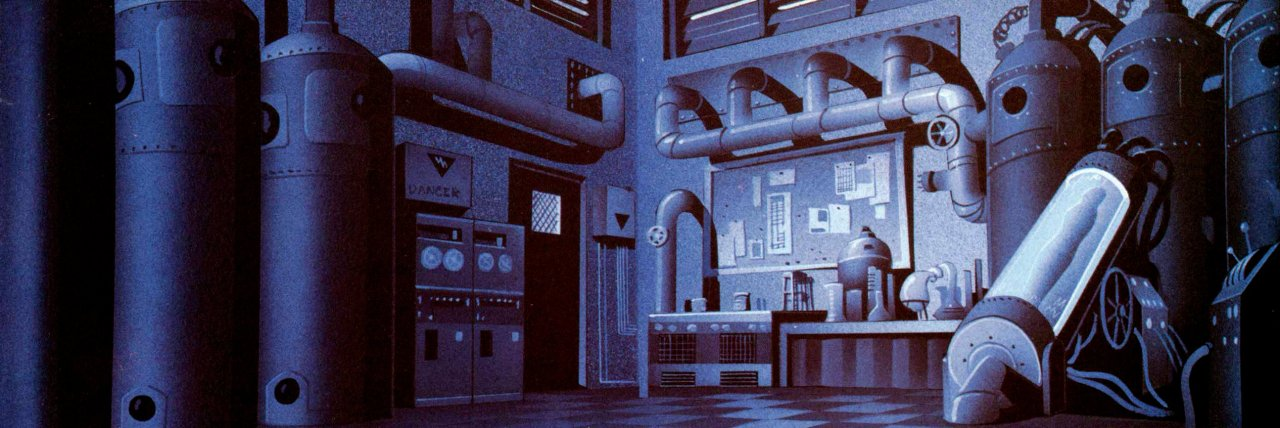 this is an illustration of an empty laboratory with scientific equipment, pipes, and tanks.  the room is lit by artificial light. the overall tone is blue.