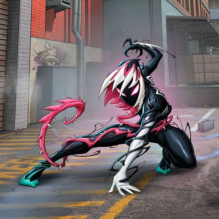 a woman in a black and white symbiote suit, with a pink and red symbiote tendril, is crouched and ready to attack. her suit has white accents on the arms and legs, and her face is hidden by a black mask with red glowing eyes. her hair is long and white, and she is standing in a grunge alleyway, with a graffiticovered wall behind her. she is looking towards the viewer with a fierce expression.
