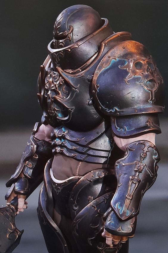 a figure clad in ornate, dark, metallic armor. the armor features intricate details, including skulls and skeletal motifs. the figure appears powerful and ready for battle. the image is taken from a low angle, emphasizing the imposing nature of the armor. the lighting is soft, creating a sense of drama and mystery.