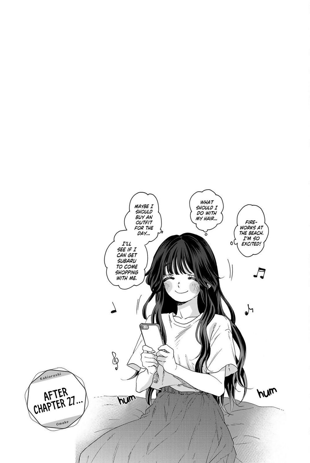 he image is a black and white mangastyle illustration. a young woman with long, dark hair is seated, looking down at her phone.  thought bubbles above her head reveal her internal monologue about choosing an outfit, styling her hair, and her excitement about fireworks at the beach. she's also considering asking subaru to go shopping with her.  the text "after chapter 27..." is visible, indicating this is a postchapter scene or bonus content in a manga. the overall style is cute and relatable.