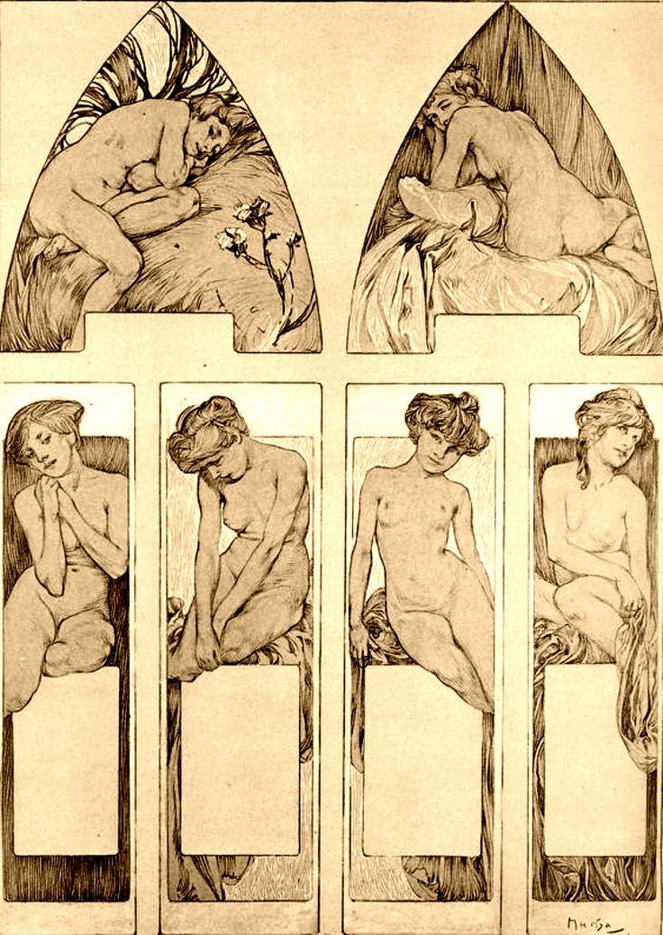 the image is an art nouveau illustration featuring five nude women. the women are drawn in a stylized and decorative style, with long flowing hair, slender bodies, and graceful poses. the illustration is set against a background of ornate frames, vines and floral motifs. the overall effect is one of