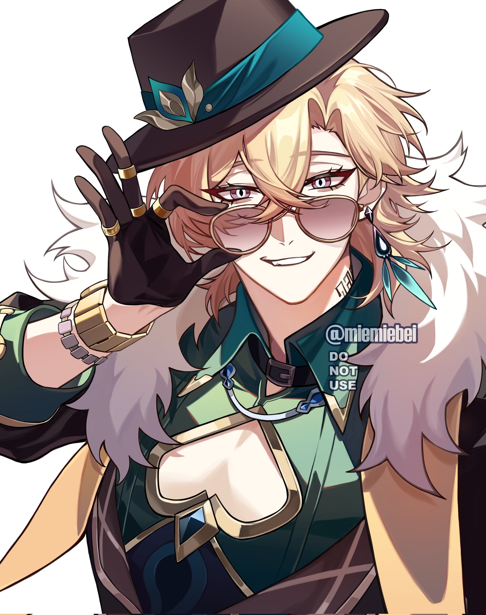 this is an anime image of a male character with blond hair and blue eyes. he is wearing a green and blue outfit with a white fur collar and a black hat. he is also wearing sunglasses and is smiling confidently. he is in a stylish pose and his clothing suggests he's a fashionable character.