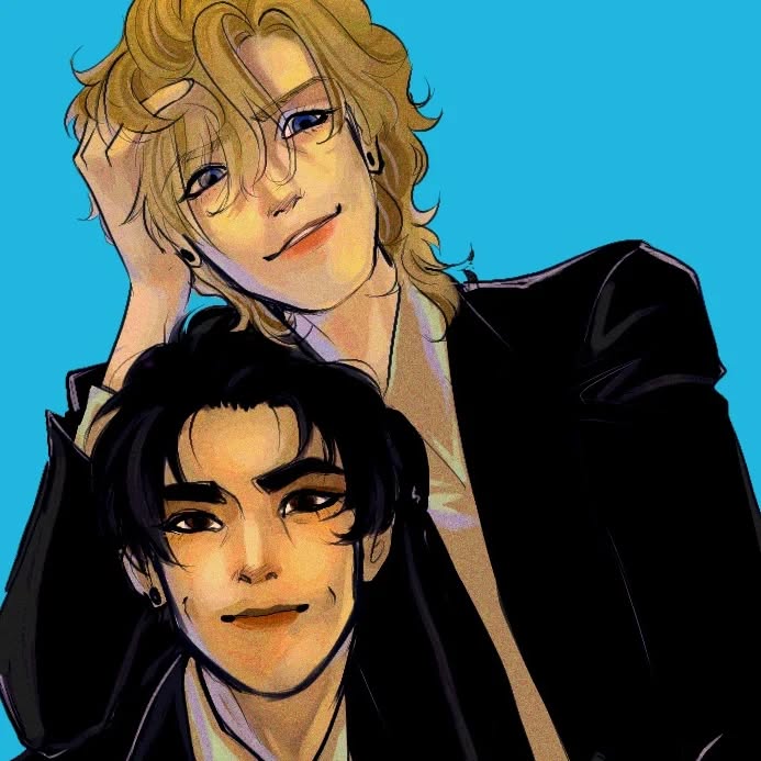 the image is a digital illustration, likely fanart, depicting two young men in close proximity. they are stylishly dressed in black suits. one has blonde hair styled in a layered cut, and the other has dark hair.  they are positioned intimately, with the blondehaired man's arm affectionately around the darkhaired man's shoulder. both have expressive eyes and soft features. the style is reminiscent of anime or manga, featuring vibrant colors and a detailed rendering of their expressions and clothing.  the background is a solid teal. the overall mood is romantic and affectionate.
