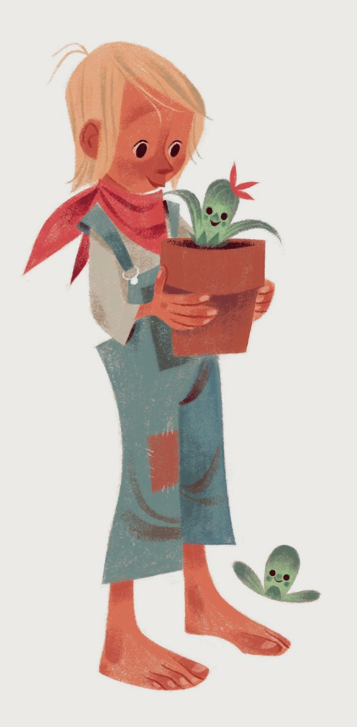 a cartoon image of a young boy holding a potted plant with a smiling cartoon seedling in it. another seedling is on the ground next to him. the boy has blond hair, is barefoot, and is wearing overalls and a bandana. the overall style is cute and whimsical.