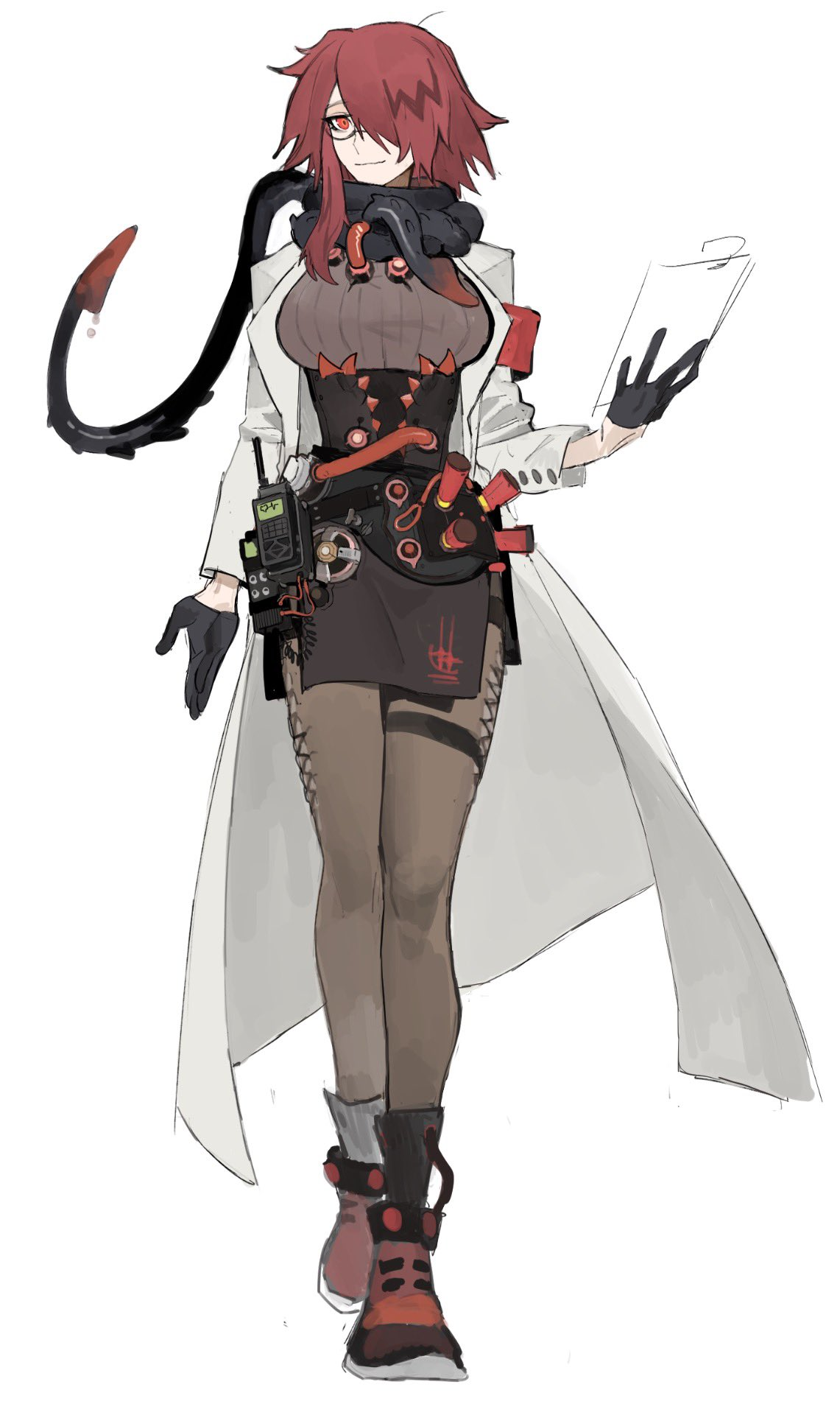 a female character with vivid red hair and glasses stands confidently against a white background. her attire, a blend of futuristic and scientific, includes a lab coat, a formfitting outfit with intricate details, and various technological accessories. the red accents on her clothing and the black tail extending from her back add a touch of mystique. she holds a tablet, her gaze fixed directly at the viewer, projecting an air of intelligence and capability.