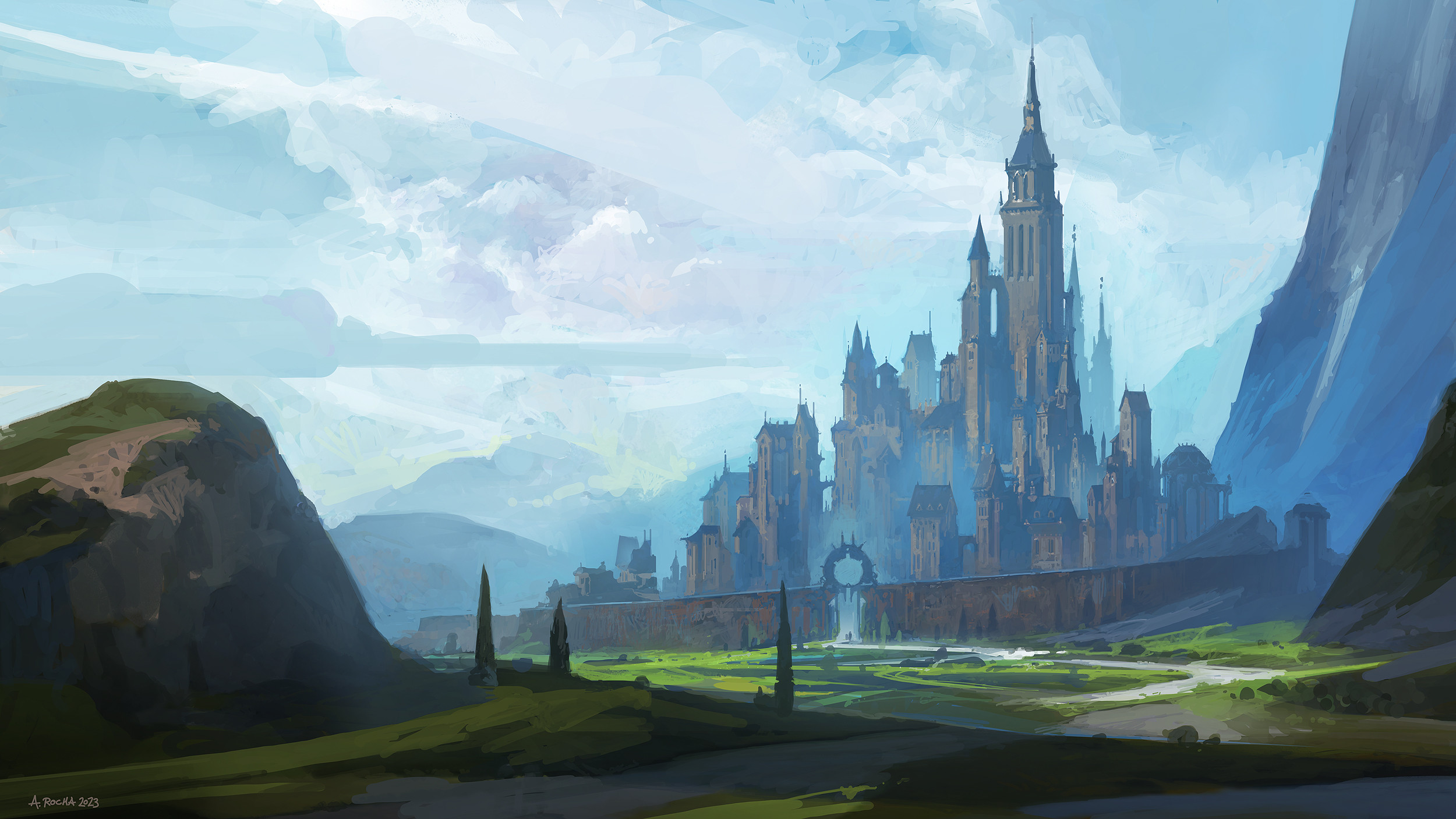 the image shows a majestic castle nestled in a valley. the castle is made of gray stone and has multiple towers and spires. a meandering river flows in front of the castle, and a lush green field surrounds the castle walls. imposing mountains rise in the background, and a clear blue sky with fluffy white clouds completes the picturesque scene.