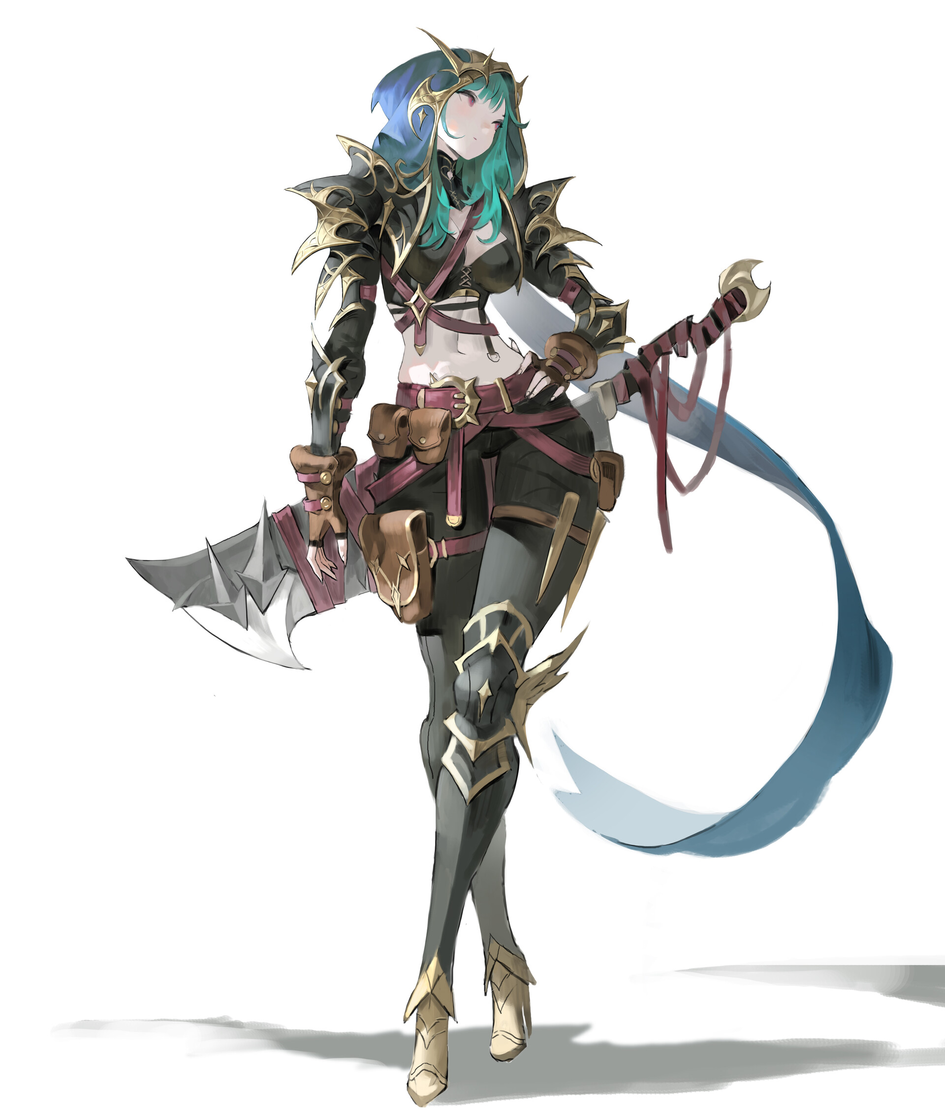 a fullbody image of an anime girl warrior wearing a hood, armor, and holding a large axelike weapon, set against a white background. the character has teal hair, a black and gold ornate armor with shoulder spikes, and a dark outfit with straps and pouches. she wears grey leggings with gold accents and matching boots. a blue ribbon is attached to her weapon.
