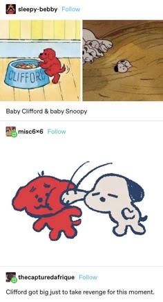 the top image shows a red puppy (clifford) standing by his food bowl, with a bunch of white puppies (snoopy) buried in the sand. the bottom image shows the red puppy (clifford) as an adult, holding a small white puppy (snoopy), representing clifford's revenge for being buried in the sand.