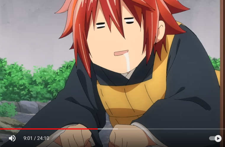 a closeup shot of an anime boy with red hair, wearing a yellow and black outfit. he is drooling and looks bored or exhausted. his eyes are closed, and he has a tired expression on his face.