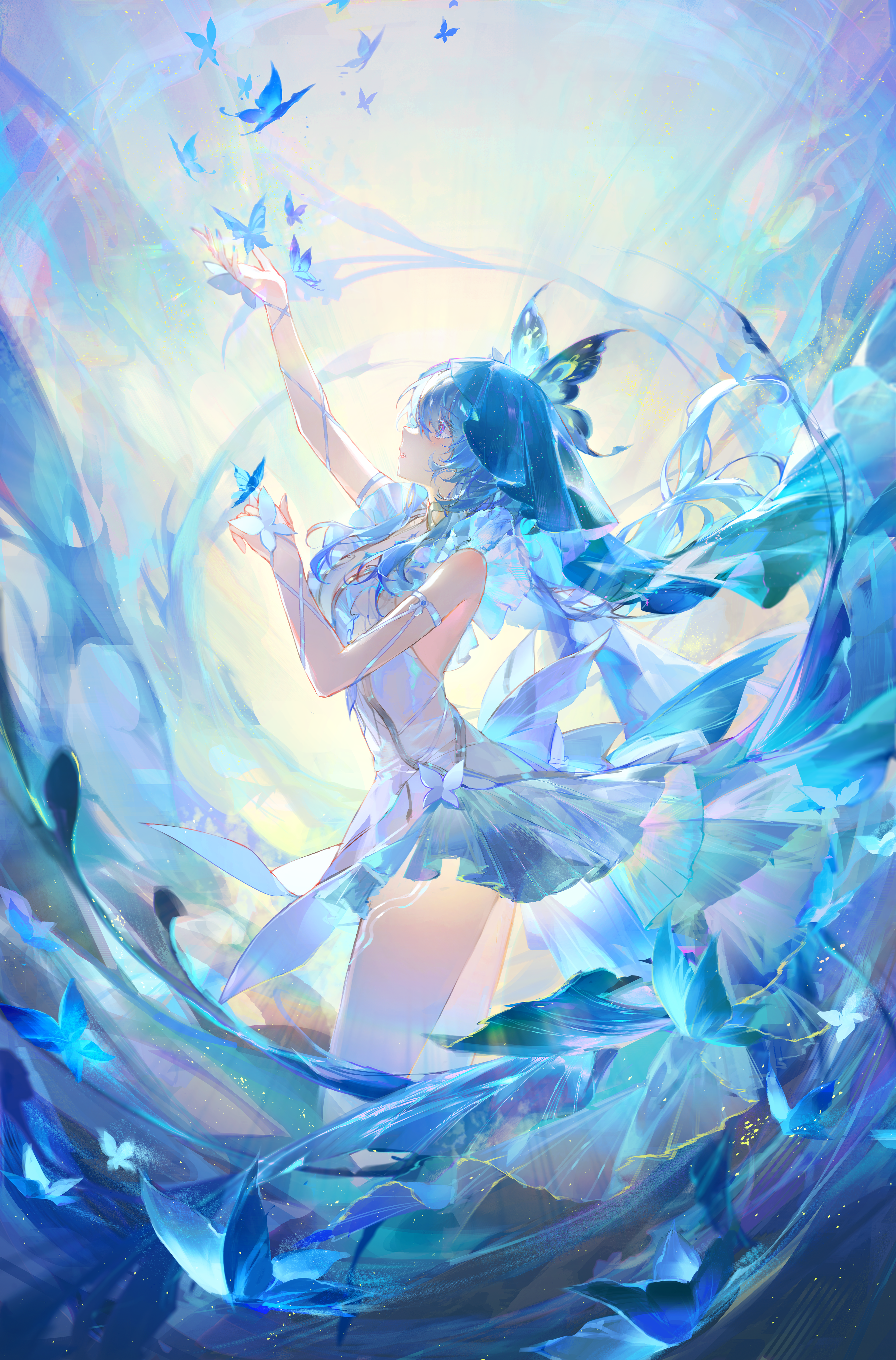 the image is a digital painting of an animestyle girl in a flowing blue dress. she is surrounded by numerous blue butterflies, which seem to be part of her ethereal, magical atmosphere. her dress is translucent and flows around her, blending with the swirling blue hues of the background. the overall style is dreamy, whimsical, and delicate, with soft light and vibrant colors creating a sense of peace and serenity.  the girl appears to be interacting with the butterflies, perhaps summoning or controlling them. the image is highly detailed, with attention to both the character's features and the intricate flow of her dress and the butterflies.