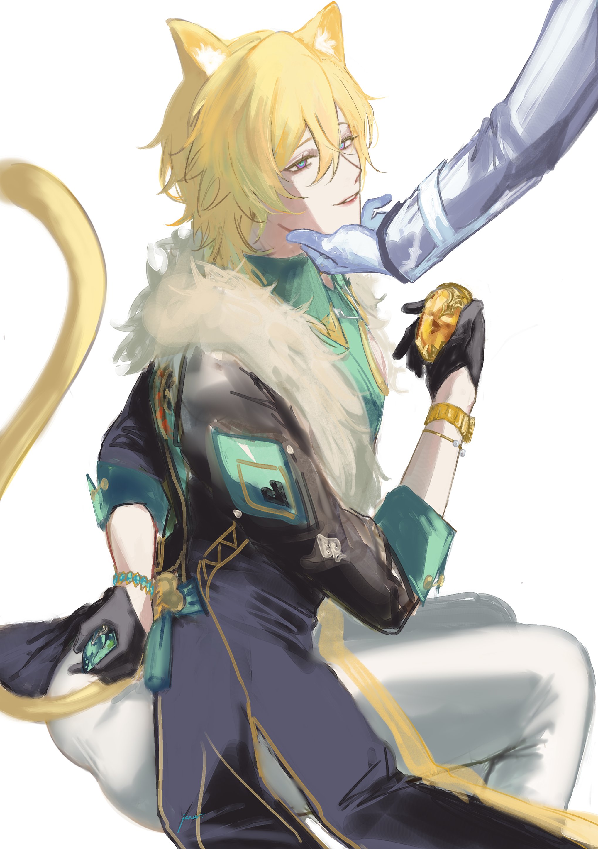the image is an animestyle portrait of a male character. he has long yellow hair and cat ears and is wearing a green and black outfit. he is holding a gold object in his right hand and has a hand on his chin. the character has a white background and a yellow tail. the image is drawn in a realistic style.