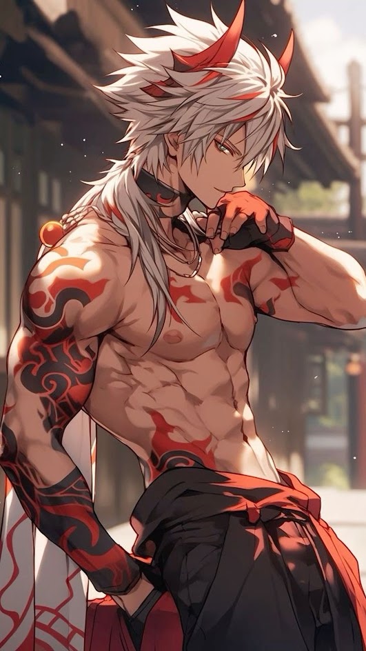 the illustration features a muscular anime character with white hair and red horns. he is heavily tattooed in red and black, with a strong physique, clearly defined abs, and a seductive pose. the character is adorned in a red and black outfit, with a white cloth draped behind him. he is standing with one hand on his chin, staring forward with a compelling gaze. the background suggests a japaneseinspired setting. the illustration is a blend of realism and fantasy, and depicts a strong and alluring anime character.