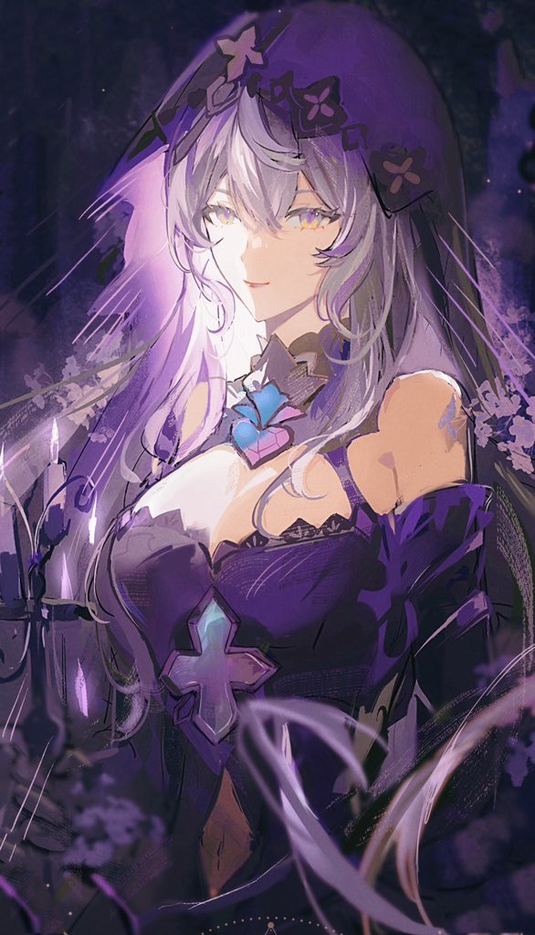 this is a digital illustration of an anime girl in a purple and black hooded dress with flower designs.  she has long, flowing purple hair and is smiling while looking directly at the viewer. she has flowers in her hair and a cross on her chest. the overall atmosphere is mystical and fantastical.