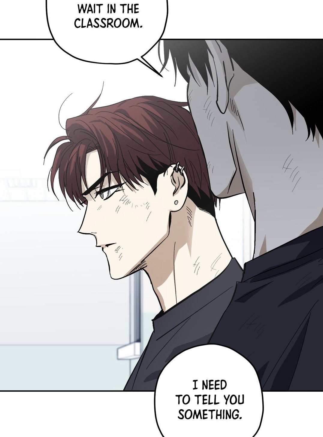 he image shows a closeup of two young men, one with dark hair and the other with reddishbrown hair. they appear to be having a serious conversation, possibly in a school classroom. one of them is about to reveal something important. the background is a light blue, suggesting a school setting. the art style is reminiscent of manhwa or webtoons.