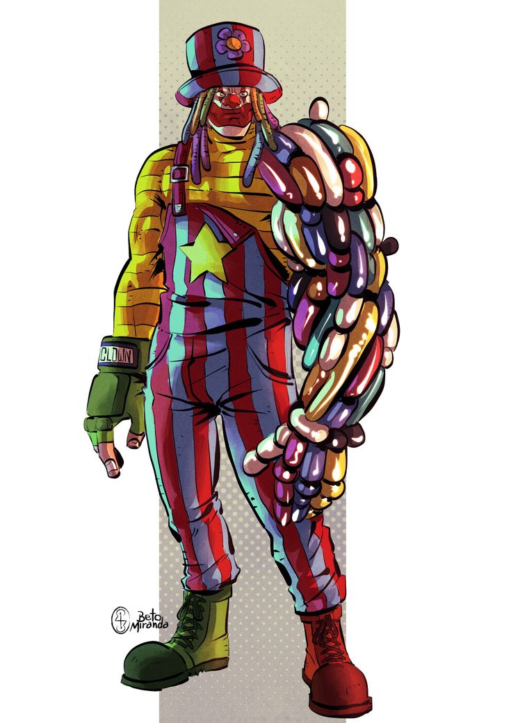 this is a digital art illustration of a cartoon clown character. the clown is dressed in a yellow and red striped shirt, blue and red striped overalls, and a green and red hat with a flower on top. the clown has long green dreadlocks, a red nose, and white face paint. the clown's right arm is made entirely of balloons, and the clown is holding a single balloon in their left hand. the background is a light grey color with a polka dot pattern.