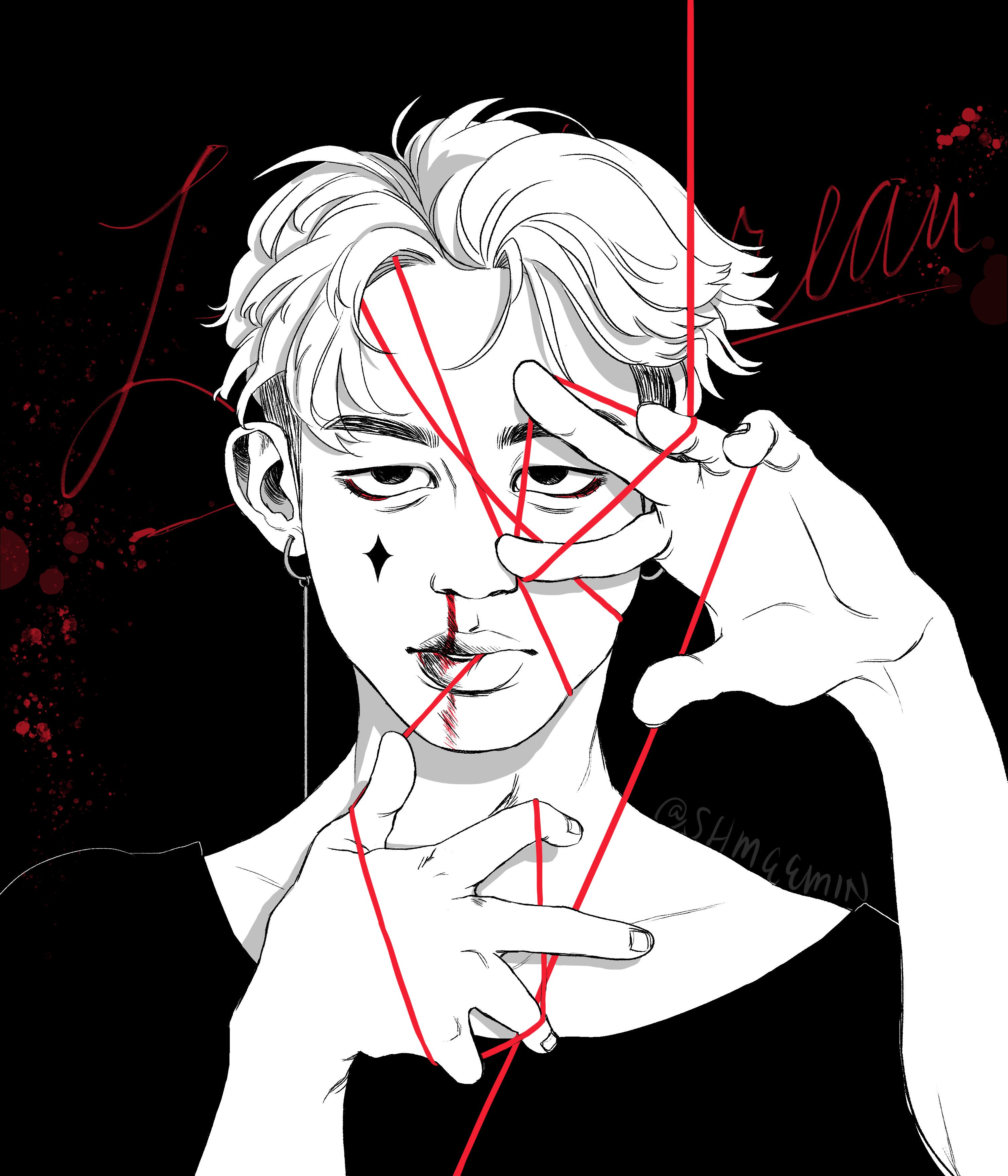 a stylized illustration of a man with short, tousled hair and a heartshaped mark under his left eye. he is posed against a black background, his expression intense and slightly unhinged as he looks directly at the viewer. his fingers, adorned with red string, are raised in front of his face, some strands partially obscuring his eyes. the overall aesthetic leans towards the dark and dramatic.