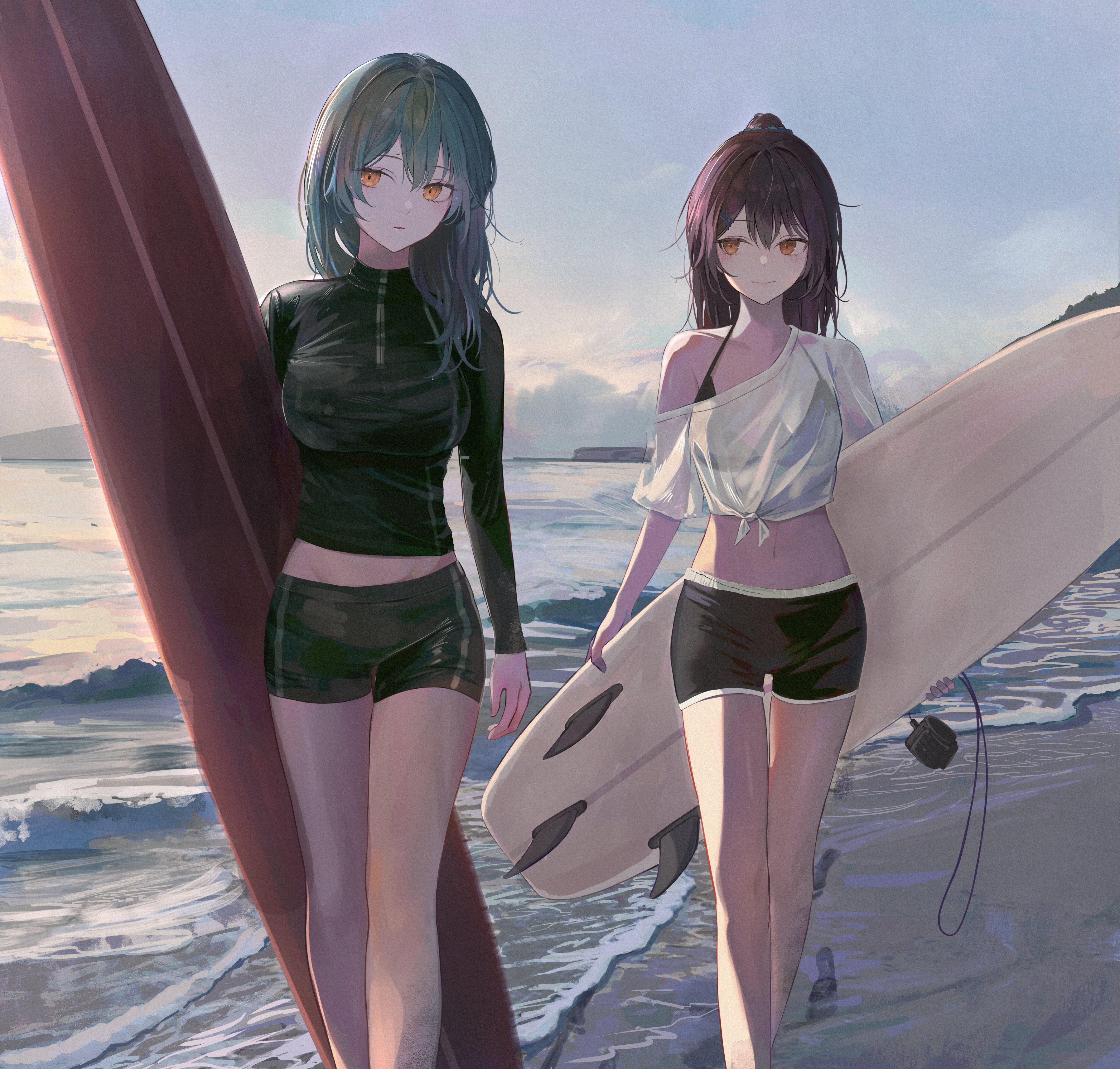the image shows two anime girls walking along a beach at sunset, carrying surfboards.  one girl has teal hair and is wearing a black rashguard and shorts. the other girl has brown hair tied up in a ponytail and wears a white offtheshoulder top and black shorts. both girls appear to be happy and enjoying their time at the beach. the ocean is calm with gentle waves. the style is digital art and highly detailed, with a soft, painterly quality to the lighting and colors.