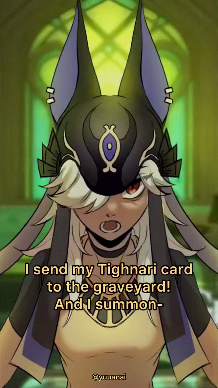a digital illustration of a character from genshin impact, with cat ears, white hair, and a purple and black outfit, saying "i send my tighnari card to the graveyard! and i summon." the background is a blurred green forest with a brown fence.
