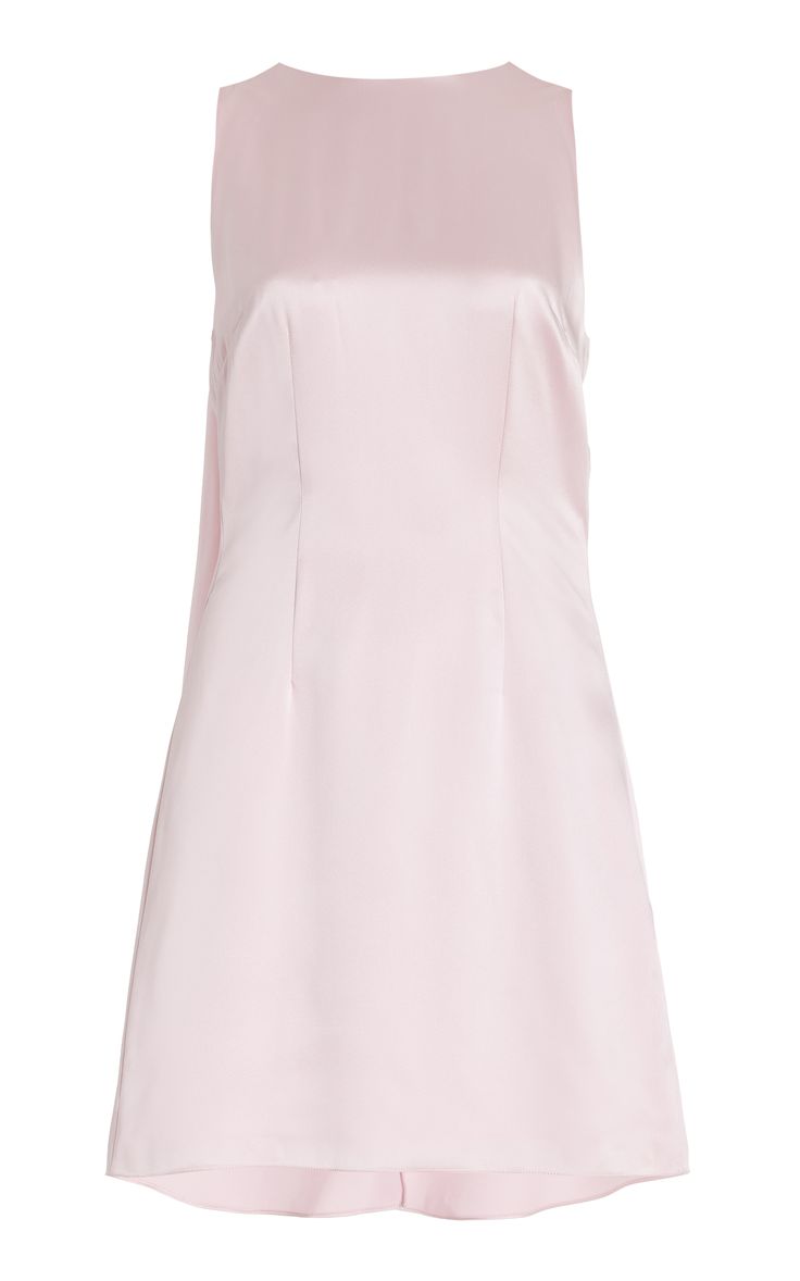 a pink satin sleeveless mini dress with a simple and elegant design. the dress is short and fitted, and it has a smooth and silky texture. it is perfect for a variety of occasions, from casual to formal.