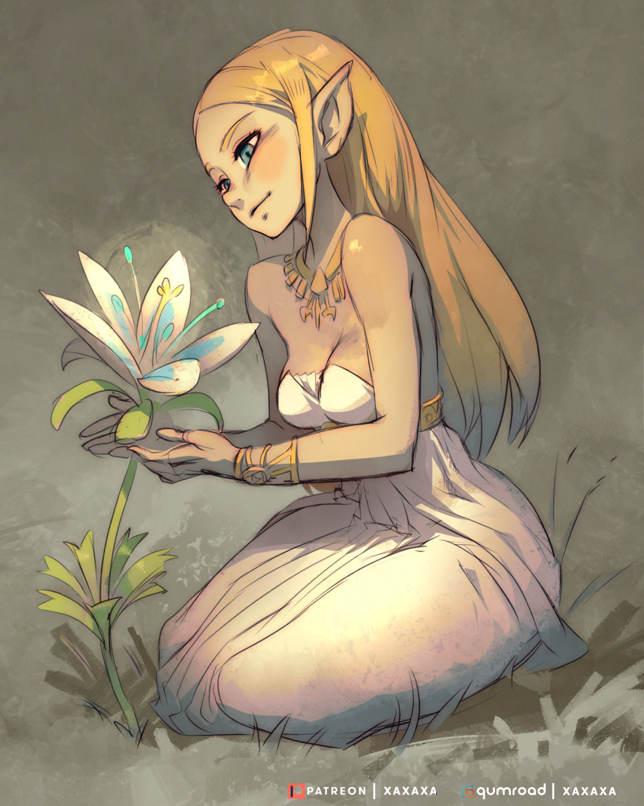 this is a digital illustration of a beautiful anime woman with long blonde hair. she is wearing a white dress and is sitting down, holding a white flower in her hands.  she has a soft, delicate look and her eyes are closed. the background is a soft, light brown color and the overall tone of the artwork is peaceful and serene.