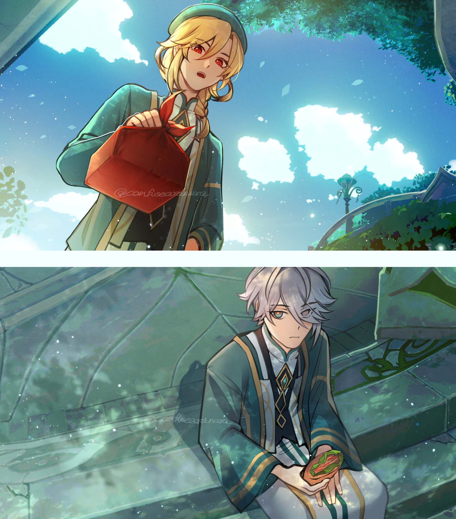 the image is a digital illustration that features two animestyle male characters. the first character is standing on the top portion of the image with a bright green and blue outfit, and he's holding a red bag and staring into the distance. the second character is sitting on a stone ledge in the lower half of the image. he has white hair, blue eyes, and a green and blue outfit. he's holding a food item that looks like a sandwich. the background of the image is a vibrant sky with clouds, and a grassy area with stone buildings in the distance.