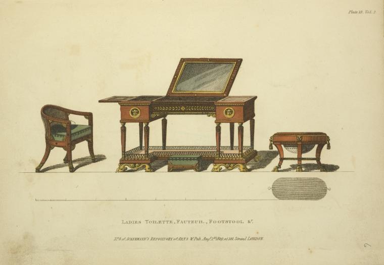 this image is an illustration of furniture, specifically a "ladies toilete" or vanity, a "fauteuil" or armchair, and a footstool. the vanity has a mirror, drawers, and a shelf underneath. the armchair has a curved back and padded seat. the footstool is small and ornate. the illustration is labeled "ladies toilette, fauteur., footstool &". there is also a caption that says: "n°8 of ackermann's repository of arts pub. aug. 1 1808 at 101. strand london". and "plate 13, vol. 2".