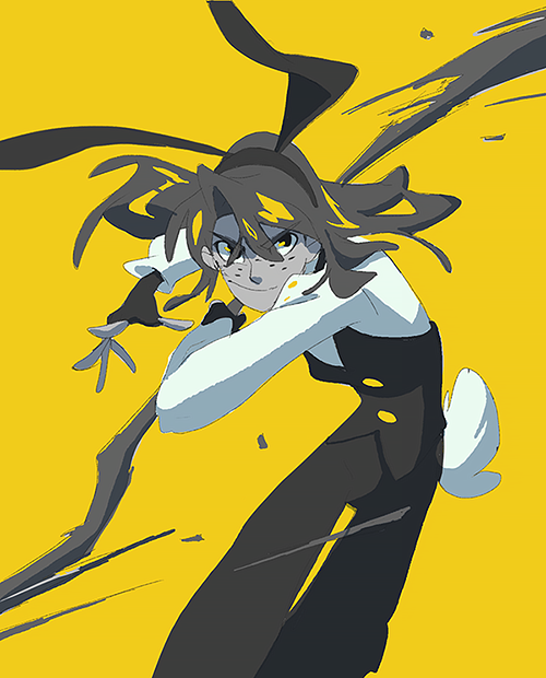 the image features an anime girl with bunny ears and a weapon, posing in a dynamic action stance. the girl is dressed in a black and white outfit, and her hair is dark brown. she is surrounded by yellow lines, creating a sense of motion and speed. the background is a solid yellow, contrasting with the dark colors of the character. the overall style is sharp and edgy, with a mangainspired feel. the image conveys a sense of power, action, and determination.