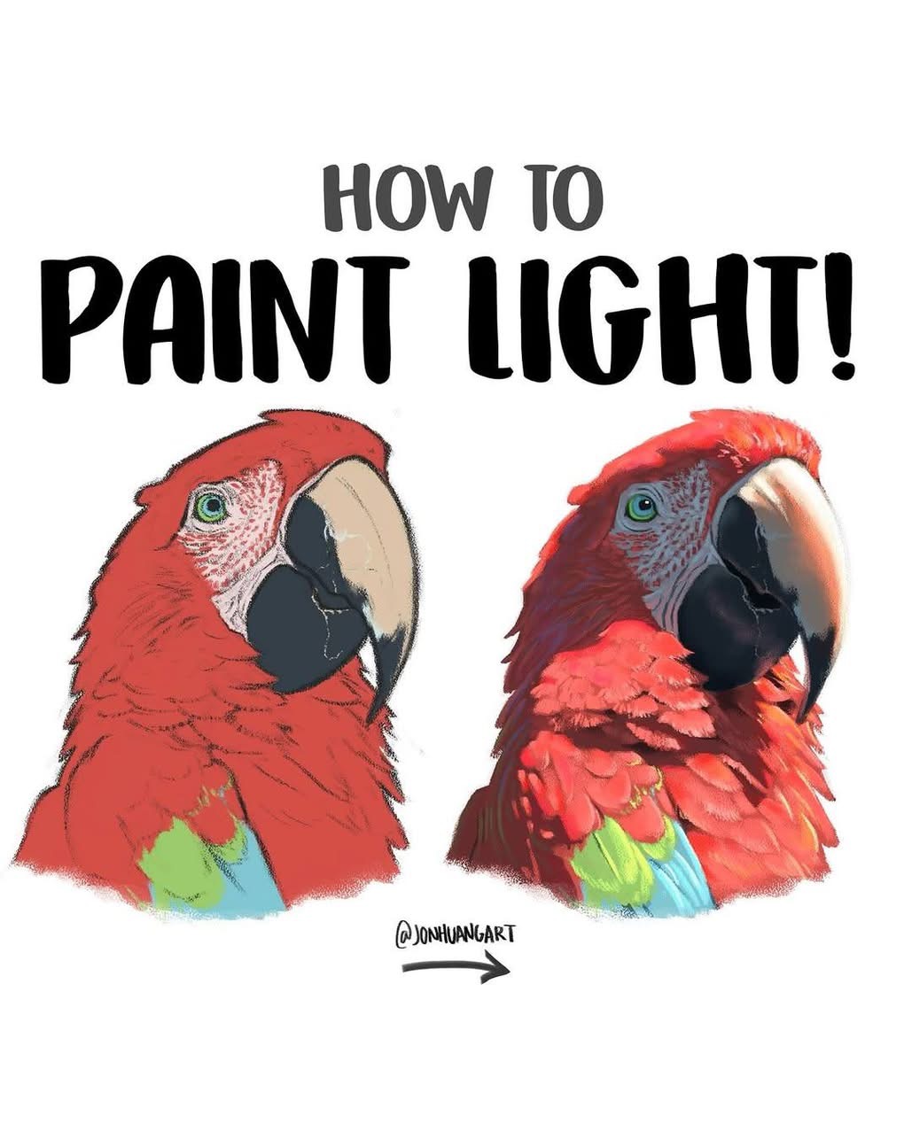 the image is an illustration teaching how to paint light on a parrot. it features two images of the same red parrot, one showing a base version with flat colors, and the other showing the parrot after light and shadows have been added to give it depth and realism. the title "how to paint light!" is written in bold black text above the parrots. the artist's handle "@jonhuartart" is written below the parrots with an arrow pointing from the left parrot to the right parrot.