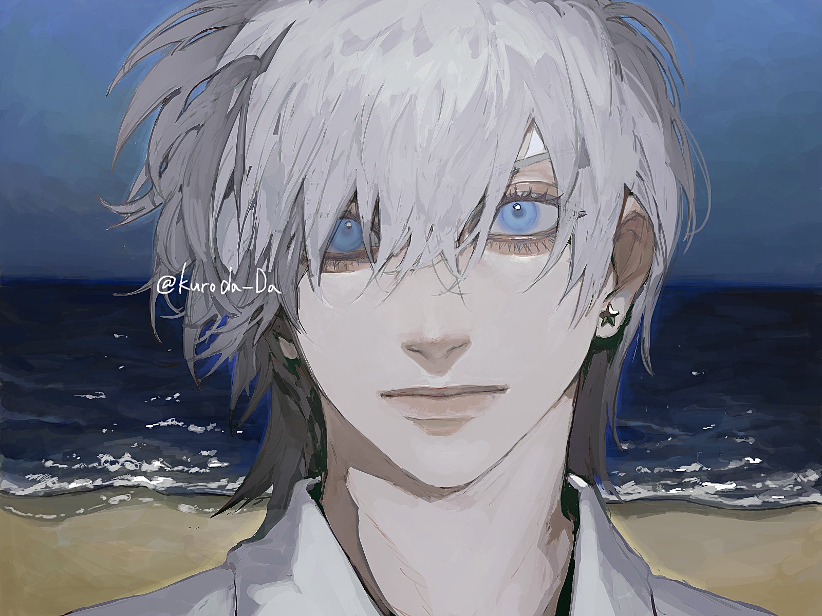 the image is a digital painting of a young man with white hair and blue eyes standing on a beach. he is facing slightly to the left of the viewer and has a peaceful expression on his face. the ocean and a cloudy sky are visible in the background. the painting has a soft and dreamy quality.