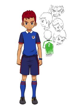 the image showcases a young, athletic boy, likely a soccer player, dressed in a blue and white uniform. he has spiky red hair and a determined expression, further emphasized by the multiple facial expressions sketched beside his head. the style is reminiscent of anime or manga, with clean lines and vibrant colors.